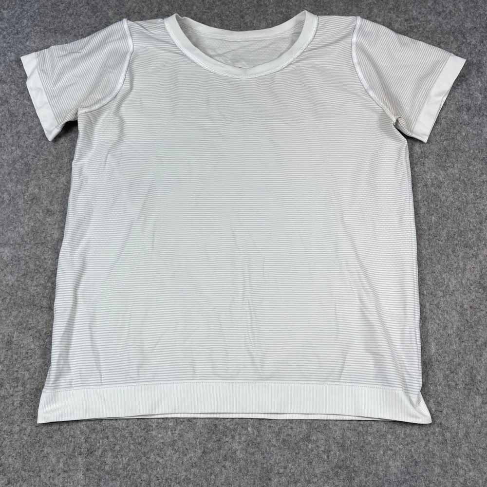Lululemon Swiftly Tech Short Sleeve Crew Striped White Grey Top Large Flaw